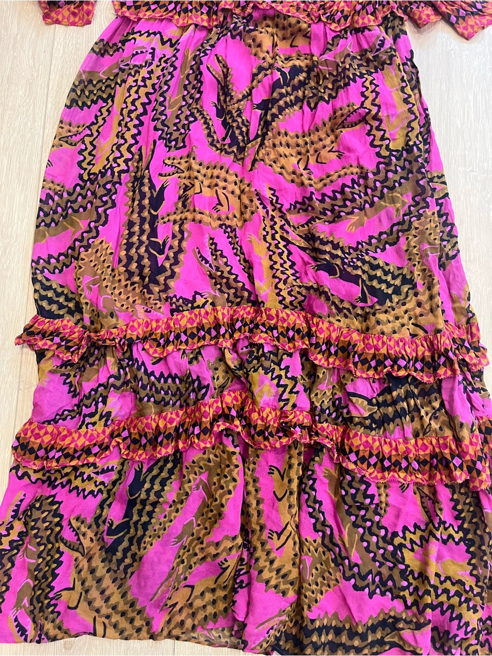 FARM Rio Fuchsia Pink and Brown Abstract Print V-Neck Dress Maxi L Large Chiffon - Picture 6 of 8